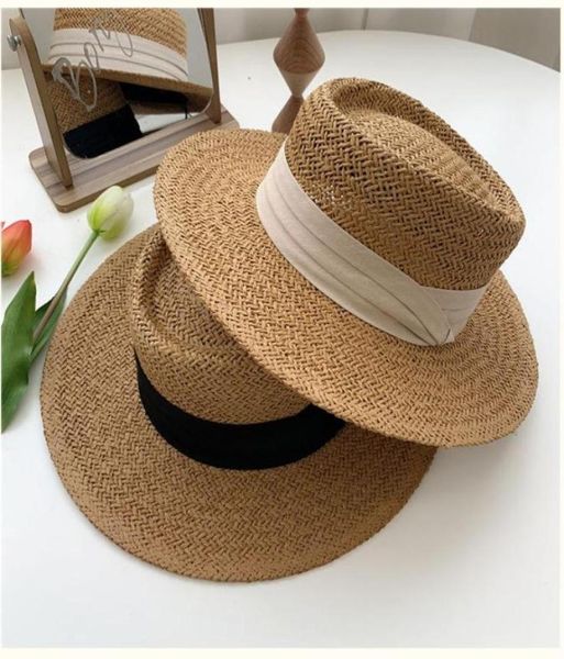 Lady Ribbon Ribbon Straw Hat SunHat Summer Web Celebridade Top Suntan Férias Viagem Praia Prain Brim Hats1380223