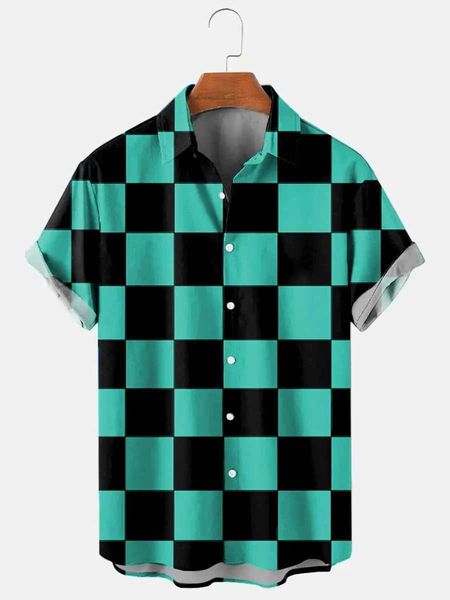 Camisas casuais masculinas camisa masculina Havaiana Summer lapela xadrez impressa para homens de moda casual slve shirt retro engraçado roupas masculinas T240507