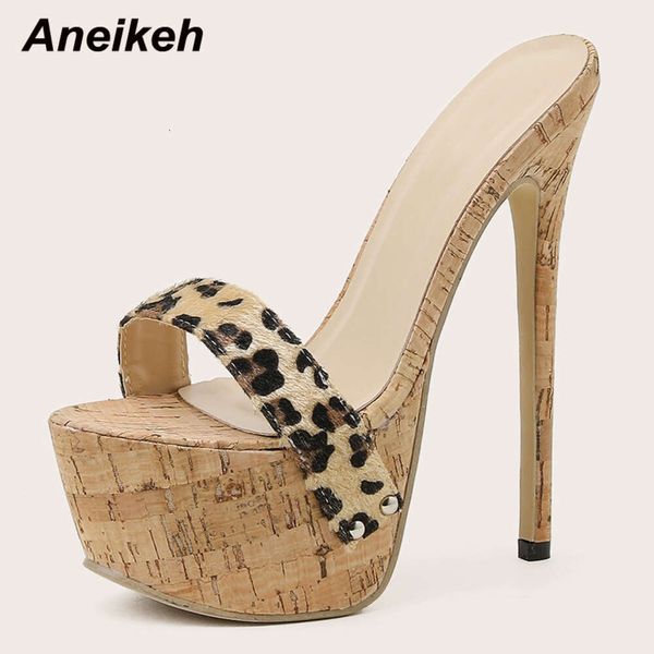 Sexy Leopard Platform Sandals High Heels 2023 Летние тапочки Мулы Ladies Fashion Peep Toe Slip на клубных туфлях Слайдеры