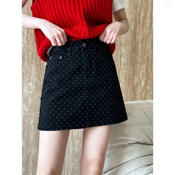 Röcke Polka Dot Denim hohe Taille A-Line Halb 2024 Slim Wrap Hip Short Rock für Frauen