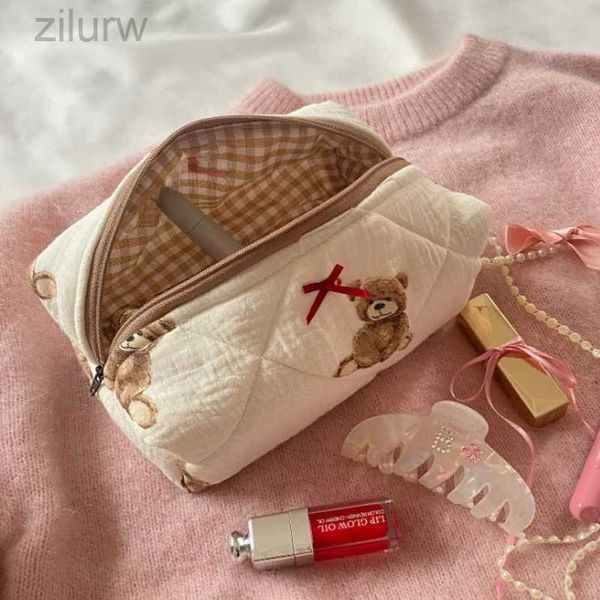 Kosmetiktaschen Mirosie niedliche Teddybären Make -up -Tasche große Kapazität Tragbare Kosmetikspeicherbeutel Baumwollbettwäsche Reinigungsbeutel Hautpflege Tasche D240425