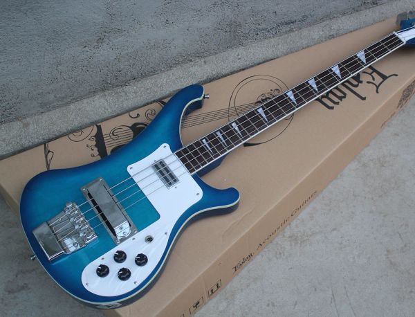 Chitarra flowoung 4 corde blu chitarra elettrica con intarsi di perla bianca, hardware cromatico, offrire personalizzare