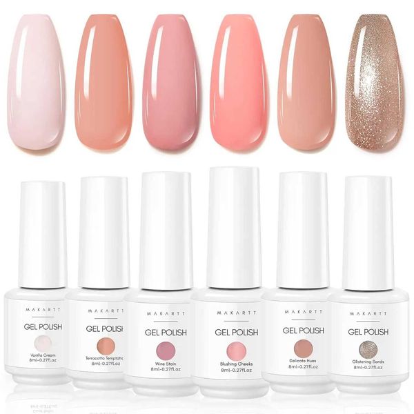 Gel de unhas Makartt Polish nude Gillter rosa marrom neutro 6 pcs 8ml Mergulhe UV LED todas as estações Manicure DIY Varnish q240507