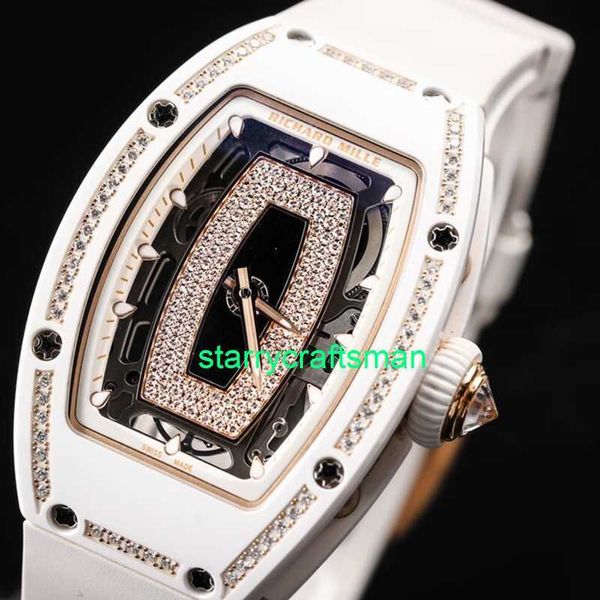 RM Luxury Uhren Mechanische Uhrenmühlen Womens Serie RM0701 Schwarze Lippen 18K Roségold Diamant Automatisch Mechanic Womens White Ceramic Womens Watc St07