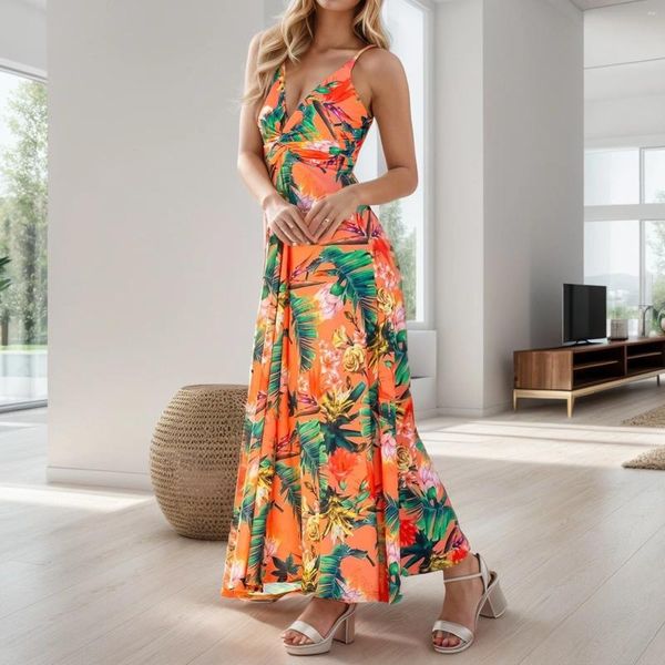 Lässige Kleider Riemchen Boho Beach Langes Kleid 2024 Frauen Sommer gegen Nacken Schlankes ärmelloser Maxi Blumen sexy Rückenless Hawaii