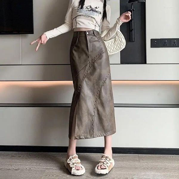 Юбки Dayifun Retro Mid длины Pu Женщины с разделкой нарезанная пленка Хип-юбка с высокой талией A-Line Design Design Кожаная одежда