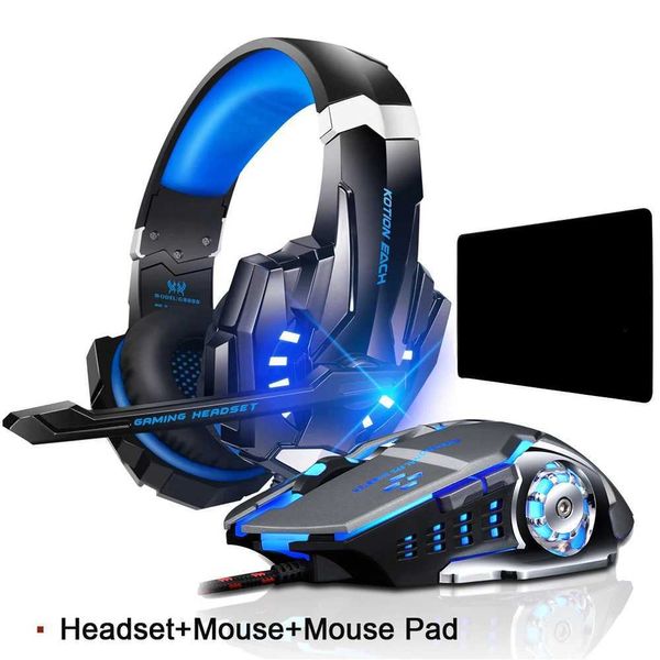 Fones de ouvido KOTION Cada fone de ouvido G9000 Gaming fone de jogo estéreo de graves profundos com luzes LED de microfone adequadas para laptops para PC+Mouse de jogo+mouse pad j240508