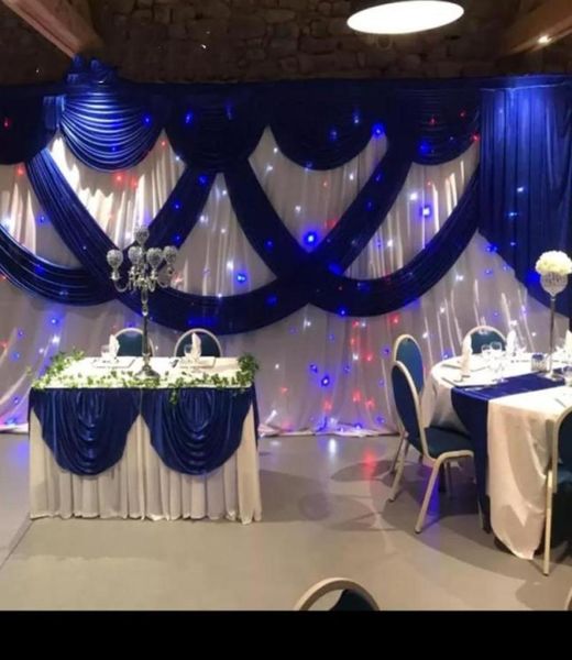 Party -Dekoration 3m6m weiße Farbe Ice Seide Hochzeit Kulissen mit königsblauem Swag Bühne Hintergrund Vorhang Babyparty Deco8616688