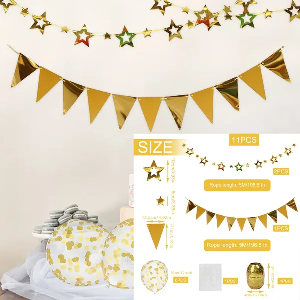 Partydekoration 11pcs Set 12 Zoll Gold Latex Klarballons 16,4ft Papierkarte Personalisiertes Banner Hanging Wirbel Wimpel