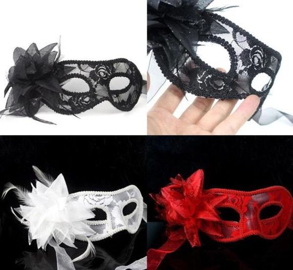 sexy schwarze weiße rote Frauen gefiederte venezianische Maskerade -Masken für einen maskierten Ball Spitzenblummasken 3Colors Hjia8703834864