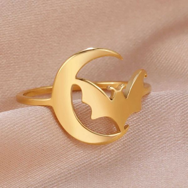Anéis de casamento Skyrim Punk Gothic Moon Bat Ring Aço inoxidável Anéis de dedos Hip Hop Animal Jewelry Gift Cosplay Halloween Acessórios