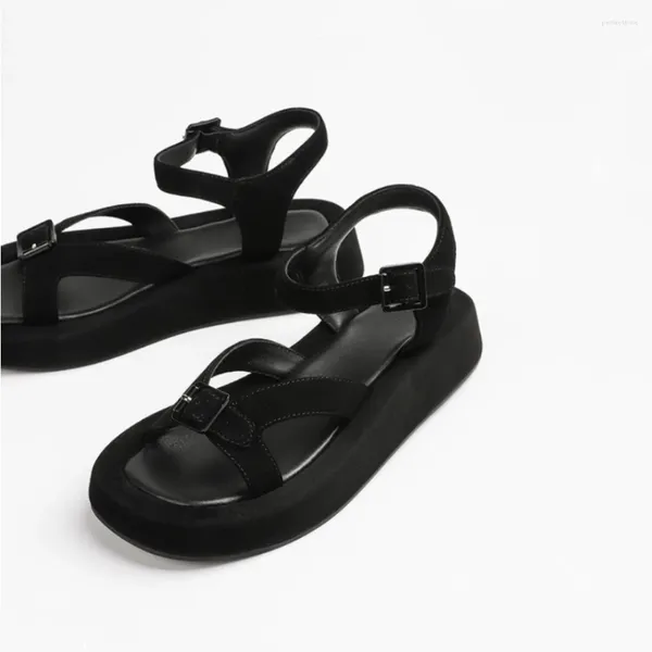 Scarpe casual nere vere in pelle vera fibbia spiaggia sandali designer marchio estate aperta per donne donne spesse sole zapatos