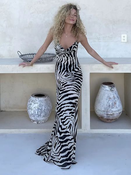 2024 Sexy Zebra Pattern Итальянский спагетти плечевой ремень расщепления от открытия платья на Лонг -Бич Летние женские пляжные костюмы купальники A1144 240430