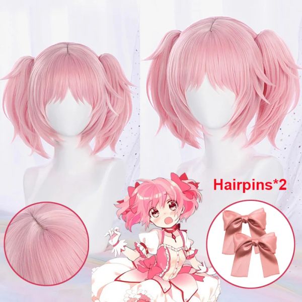 Pantofole anime puella magi madoka magica cosplay madoka kaname cosplay parrucche rosa 30 cm a clip corta coda di cavallo parrucche resistenti al calore + capsula