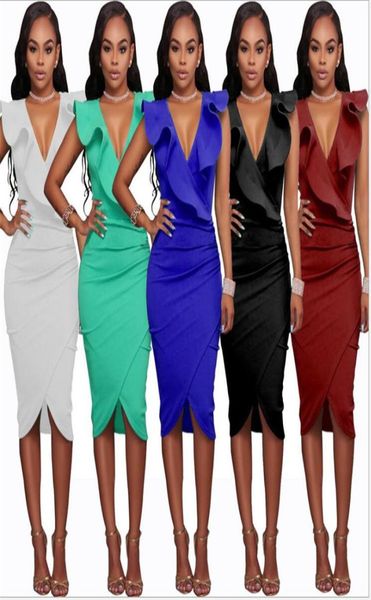 Sexy Vneck Ruffle Sleeveless Womens Party Abites 2019 Nuove donne estive Midi Irregolare Abito bianco Solido abito Vestido de Festa1148341