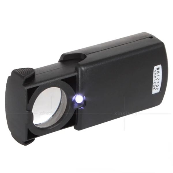 30x Lunha de joalheria do tipo tração, mini-gama de lupa de mão de bolso, ferramenta de lente óptica de lupa por portátil microscópio com luz LED