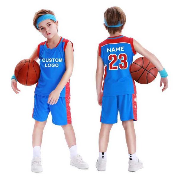 Jerseys Custom Boys Basketball Jersey Polyester atmungsaktive Basketballuniformen Sommersportball -Basketballhemden für LDRENS F009 H240508