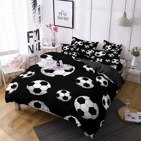 Set di biancheria da letto semplice palla sportiva da letto in bianco e nero biancheria da calcio sovradimensionato set di coperture da calcio 3D decorazione per la camera da letto unica di calcio lungo il set di coperture per piumini J240507