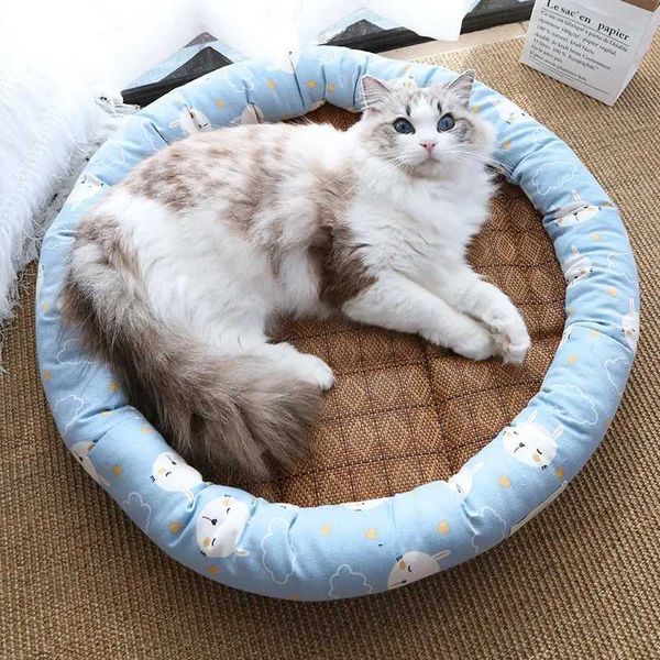 Camas de gato móveis Cama de gato de verão redonda de seda de seda de seda de estimação de animais de estimação confortável gatinho cães pequenos cães dormir gato ninho de gato sofá de resfriamento rattan getão de estimação D240508