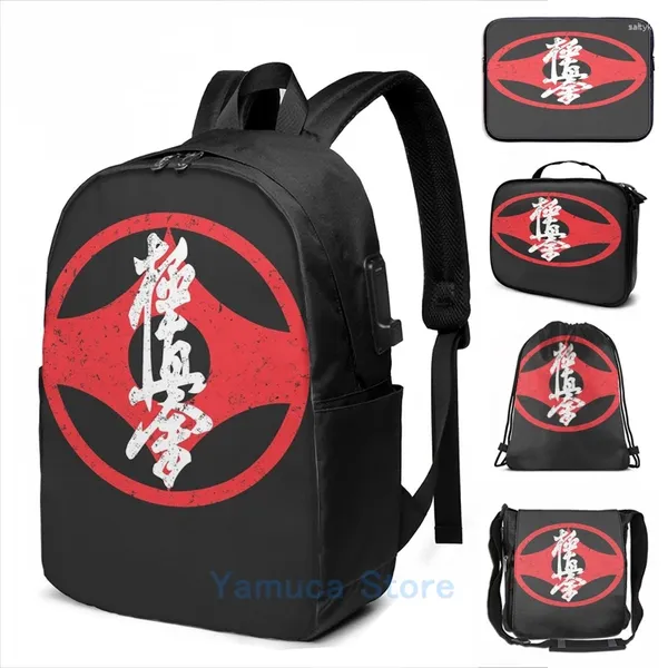 Zaino stampa grafica kyokushin kaikan karate simbolo kyokushinkai dojo usb carge uomo sacchetti di scuola da donna laptop da viaggio da donna