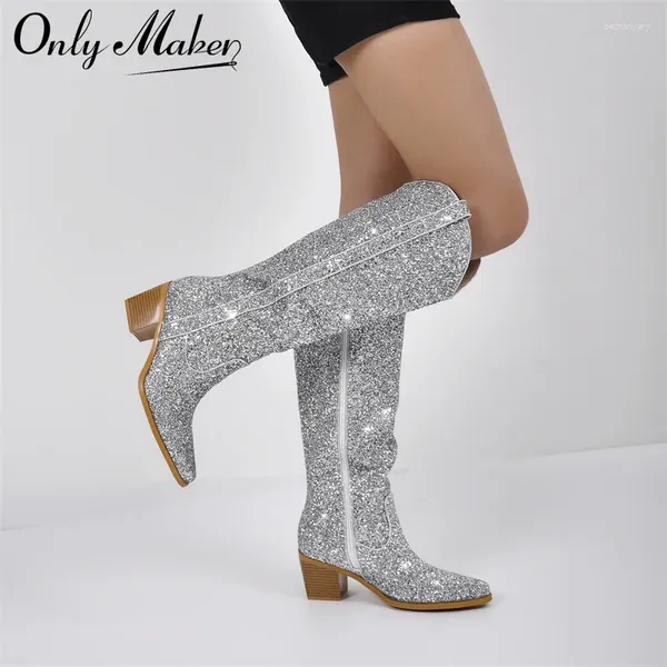 Stiefel einzige Makler Frau speicherte Zeh Sliver Glitzer Knie High Western Cowboy Bling Shiny Block Heel Handmade Dame