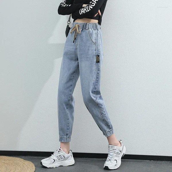Женские джинсы эластичная высокая талия Женские джинсовые брюки брюки уличная одежда Y2K Корейская повседневная мама милая серая белая черная стройна