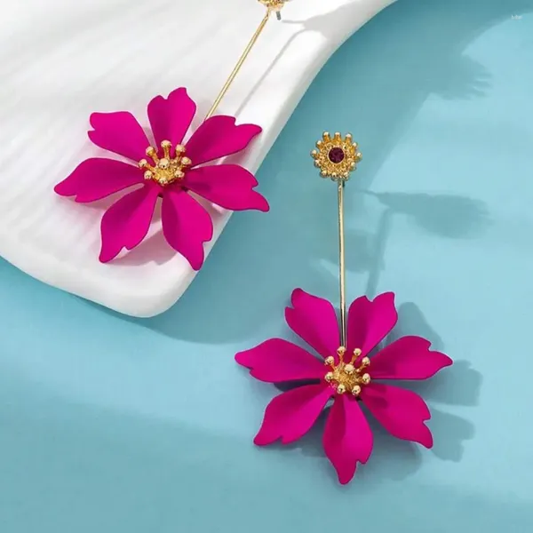 Orecchini a pennello Fuchsia Colore Flower Crystal Crysta Drop Plating Gold Shiny Bright Rhinestone Tubo Y2K