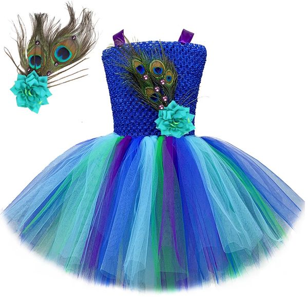 Trajes de pavões royalblue para meninas vestidos de halloween de carnaval para crianças de festa de aniversário tutus tutus com penas de flores 240429