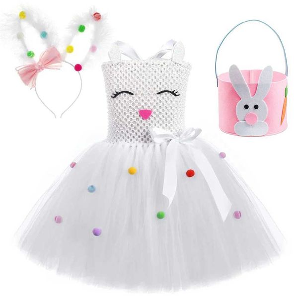 Vestidos de menina Childrens Roupa de coelho de páscoa Vestido de imagem de coelho branco com cesta de ouvido Crianças de Halloween Role