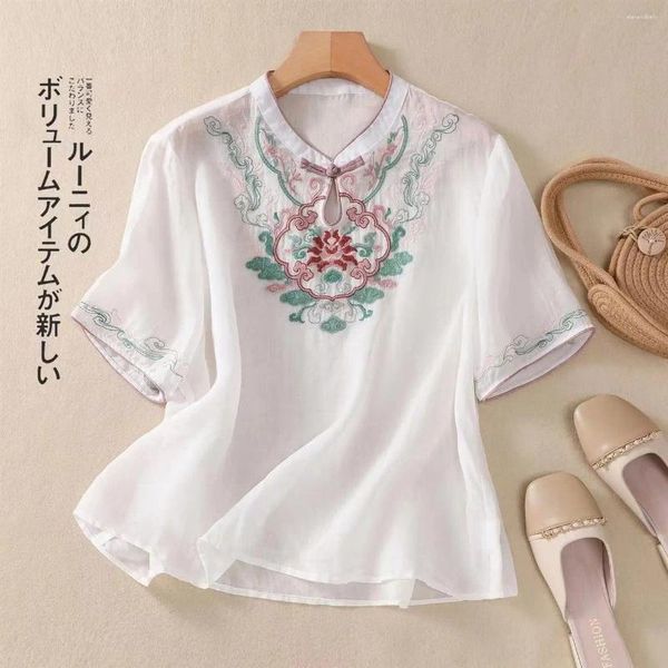Damen T -Shirts Chinese Traditionelle dünne Baumwolle und oberste ethnische Retro -Stickerei Lose Ärmel Hemd Hanfu L343