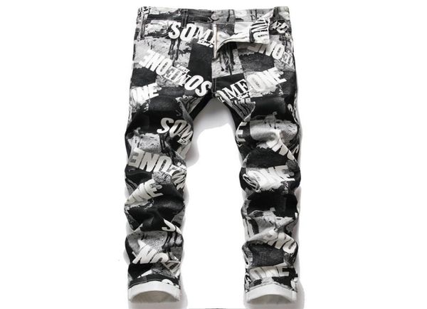 Men039s jeans impressam homens estilosos calças de jeans de lápis esticar calças de jeans slim hip hop