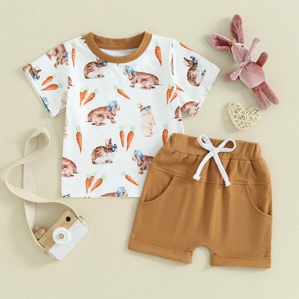 Giyim Setleri 2024-01-03 Lioraitiin Toddler Boy Boy Paskalya Kıyafet Havuç Baskı Kısa Kollu Tişört Elastik Bel Katı Şort
