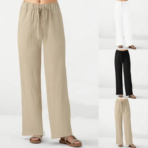 Calça feminina de bolso solto de algodão feminino casual sólido largura bandagem de bandagem de verão trabalho de verão calças retas