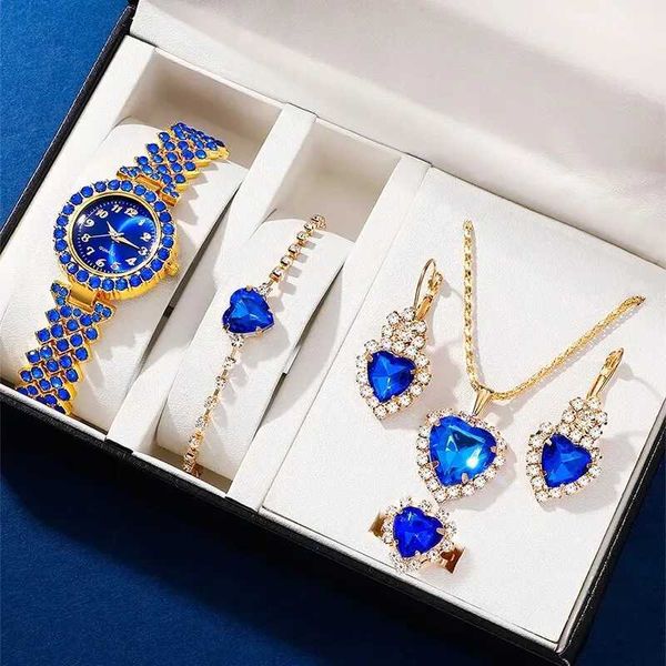 Frauen Uhren Luxus Frauen Halskette Ohrring Blau Strass und Modegelenk lässig Damen es Schmuck Set Relogio Feminino