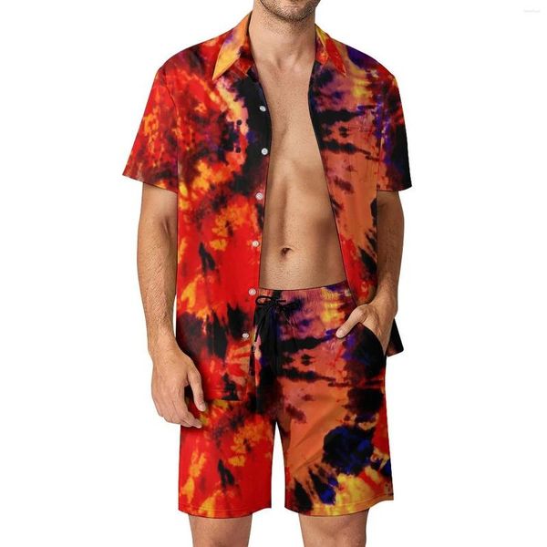 Herren Trailsuits Krawatte Dye Dreams Twist Men Sets rot -schwarze ästhetische lässige Hemd -Hemd -Set Kurzärmel Grafikshorts Sommer Beach Anzug 2xl