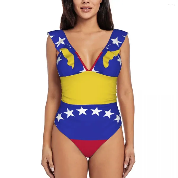 Momento de banho feminina Sexy One Piece Swimsuit 2024 Mulheres Ruffled Venezuela Flag Monokini feminino feminino menina de maiô de praia