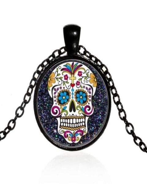Anhänger Halskette Mexikanischer Zuckerschädel Tag der toten Halskette Schwarzkette Skelett Glasschmuck Classic XL15265710281645167