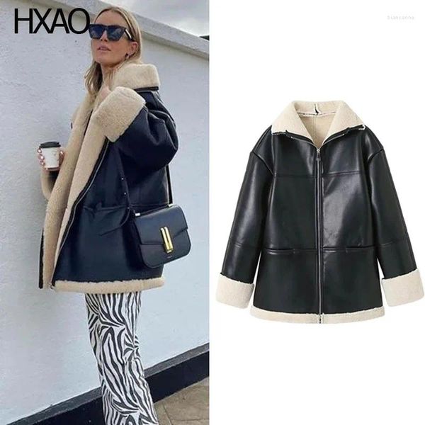 Jackets femininos HXAO Jaqueta de couro de inverno mulheres casacos de pele falsa moda moda preto e quente roupas de manga comprida casual casual casual