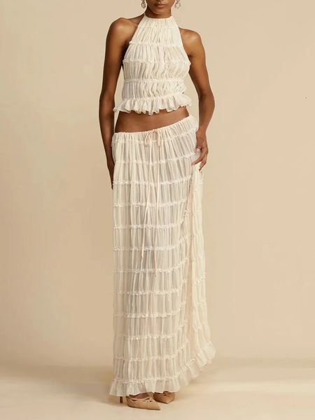 Women Summer Loungewear Abita per cavi maxi Short Top Maxi Skirts 2ps Set abbinati Bianco di colore a colore Studio senza schienale 240507 240507