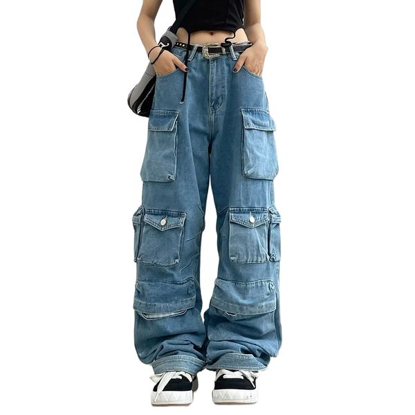 Kadın kot pantolon baggy kargo pantolon y2k giyim çok cepli rahat fit kot gevşek denim pantolon sokak kıyafetleri