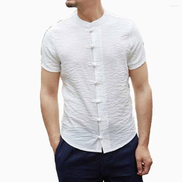 Erkekler Sıradan Gömlekler Geleneksel Mandarin Yakası Bluz İnce Fit Kısa Kollu Gömlek Çin Kurbağa Düğmesi ve Klasik Stil