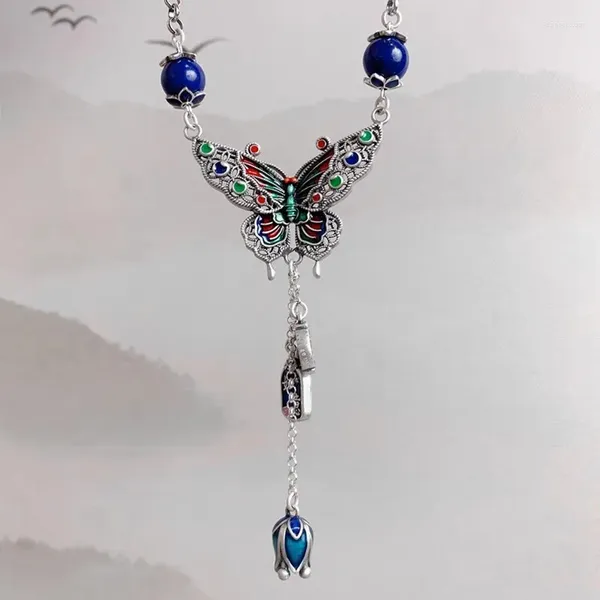 Ketten Vintage ethnischer Stil farbenfroher Emaille Butterfly Quasten Halskette für Frauen Original Design süßer langer Anhänger 925 Silberschmuck