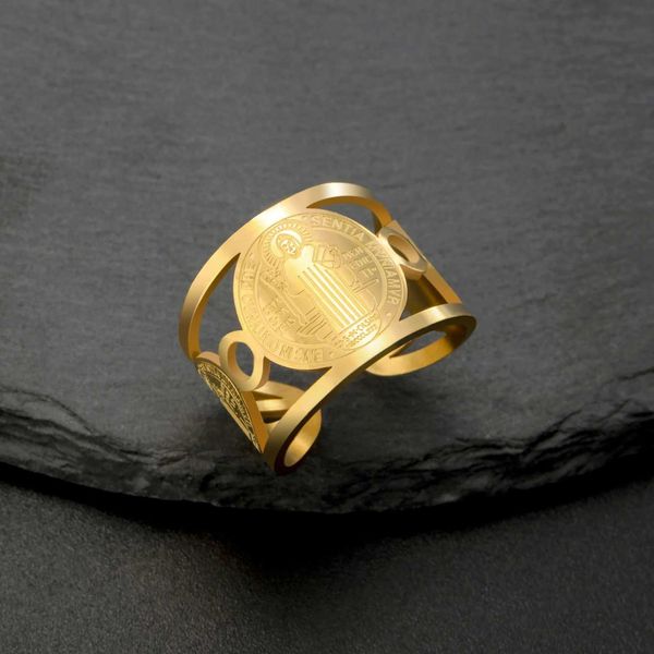 Anéis de casamento Skyrim Saint Benedict of Nursia Ring aço inoxidável cor de ouro anel de dedo sagrado presente de jóias religiosas para homens Mulheres