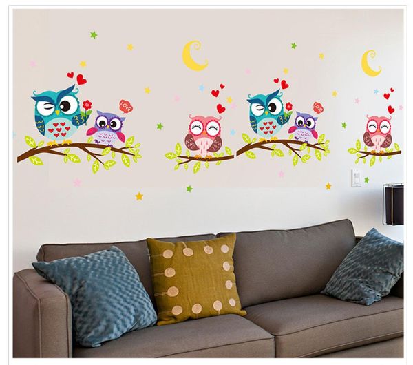 Parede anexada infantil039s quarto jardim de infância de quarto de cama adesivo de decoração papel de parede nos galhos das corujas PO FRA2935987