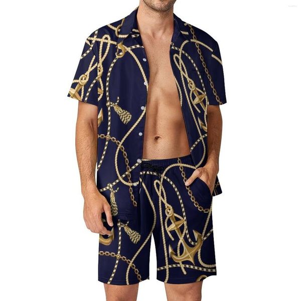 Herren Tracksuits Goldketten Print Urlaub Männer Sets Anker Casual Shirt Set Sommermuster Shorts 2 Stück Hawaiianer Anzug Plus Größe