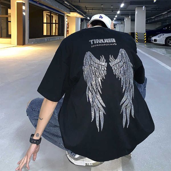 Yaz Sıcak Elmas Vintage Black American Street Boy Kısa Kollu T-Shirt Erkek Angel Wings Pi Shuai Erkek Gömlek