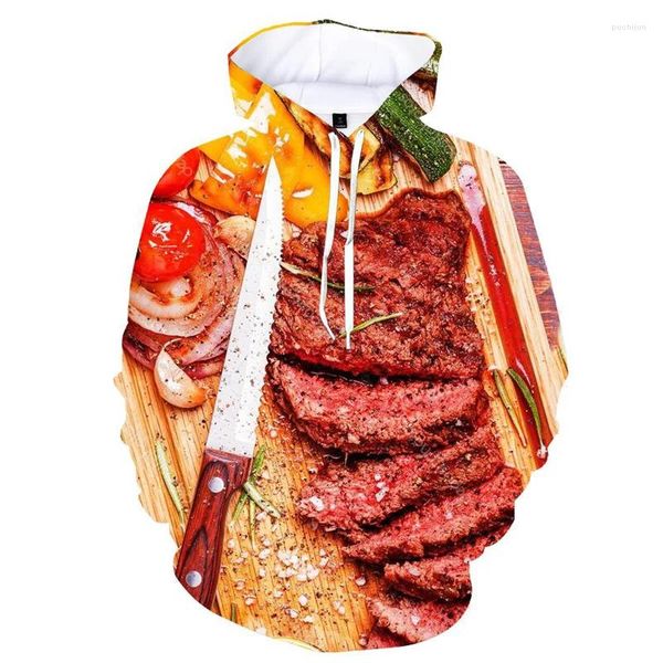 Hoodies masculinos engraçados com impressão 3D hamburger capuz para masculino bife pizza gráfico