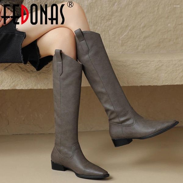 Botas FETONAS Autumn Winter Mulheres até os joelhos de joelhos de joelhos escritórios Lady Sapatos Elegantes Mulher Básica de Couro Genuíno Qualidade 2024