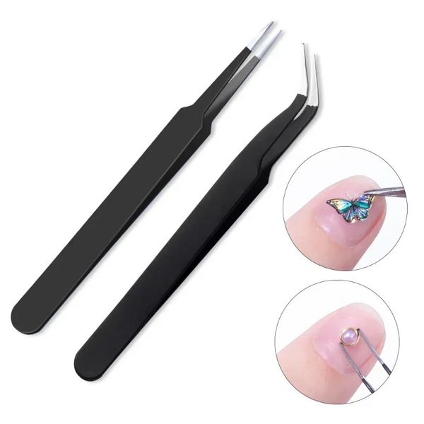 Tweezers de aço inoxidável preto Arte da unha acrílica Gel strassmestons paillette nipper colhendo equipamentos de arte unhas Manicure Tools