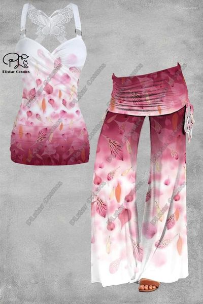 Calça feminina Plstar Cosmos 3D Padrão de folha impressa Gradiente rosa Arte Retro Retro Print Butterfly Detela de duas peças